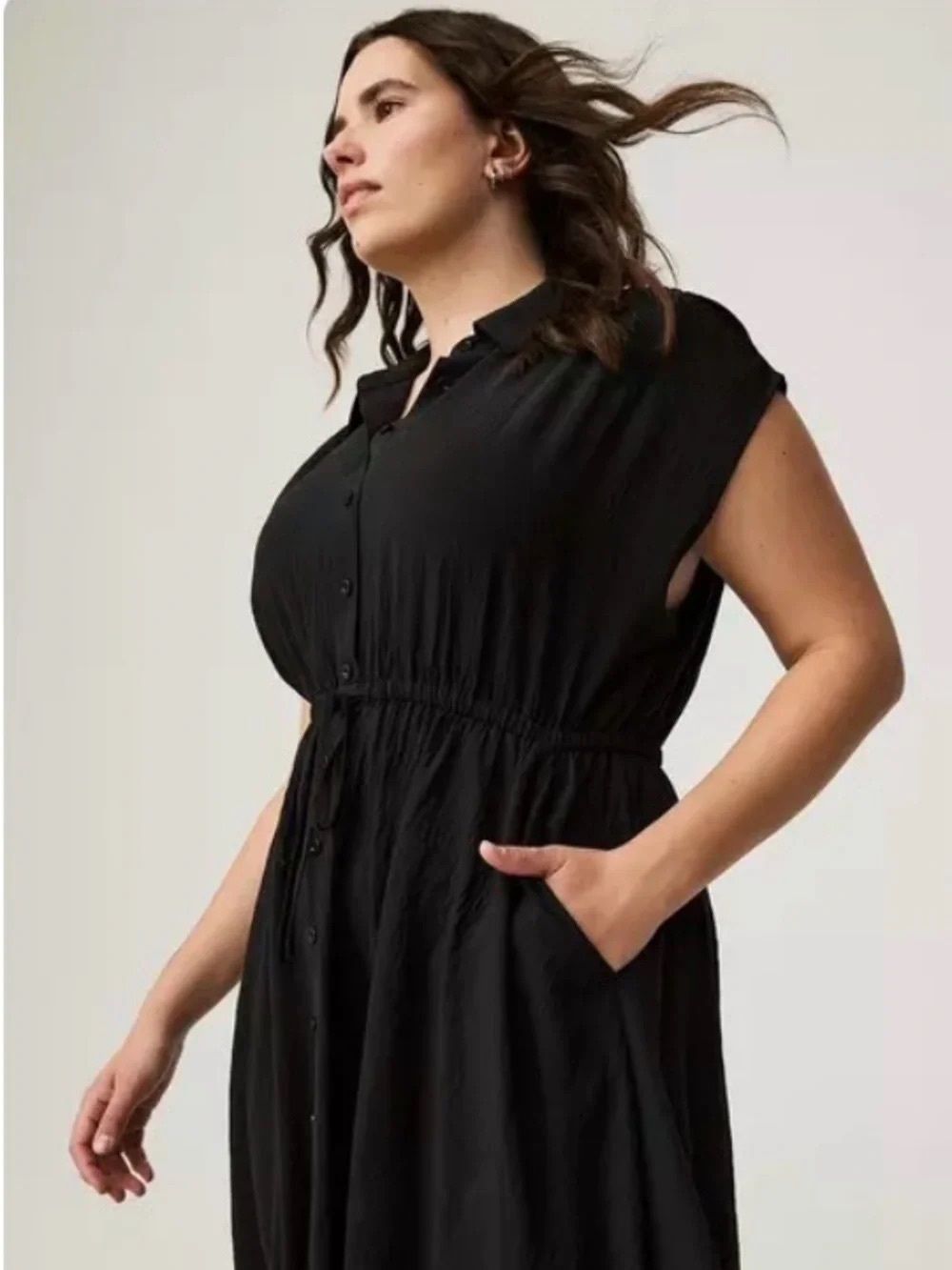 Torrid Black Midi Vacation Silk Dress Dolman Sleeves Drawstring Waist - Sz 1